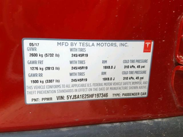 5YJSA1E25HF197346 - 2017 TESLA MODEL S RED photo 10