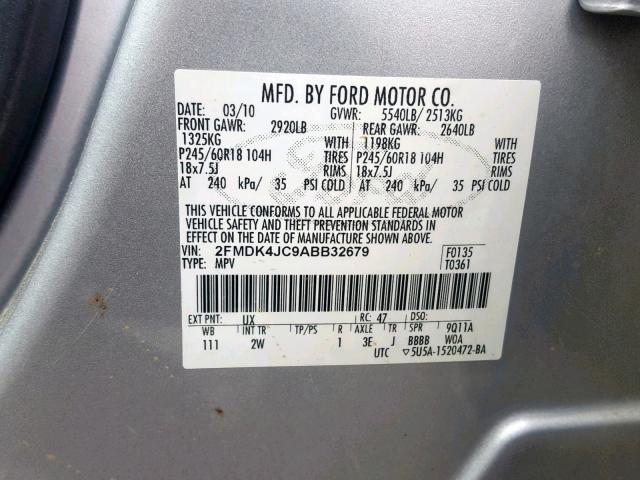 2FMDK4JC9ABB32679 - 2010 FORD EDGE SEL SILVER photo 10