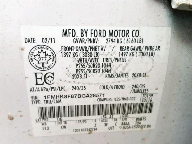 1FMHK8F87BGA28571 - 2011 FORD EXPLORER L WHITE photo 10