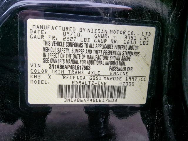 3N1AB6AP4BL617603 - 2011 NISSAN SENTRA 2.0 BLACK photo 10