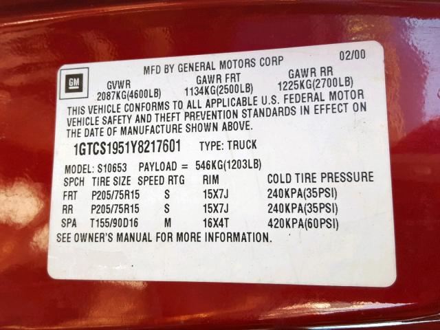 1GTCS1951Y8217601 - 2000 GMC SONOMA RED photo 10