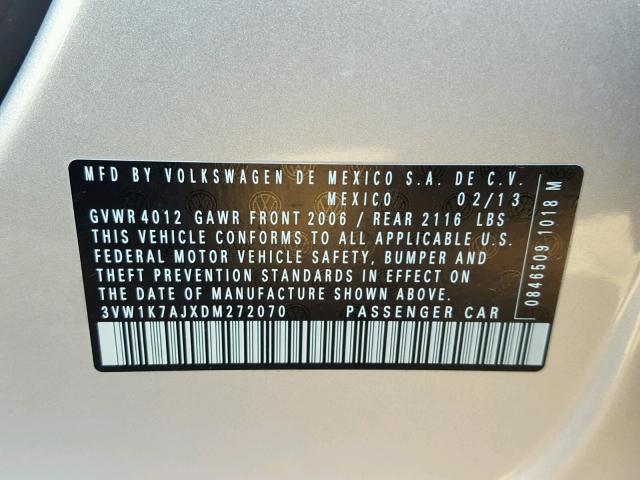 3VW1K7AJXDM272070 - 2013 VOLKSWAGEN JETTA BASE Արծաթագույն լուսանկար 10