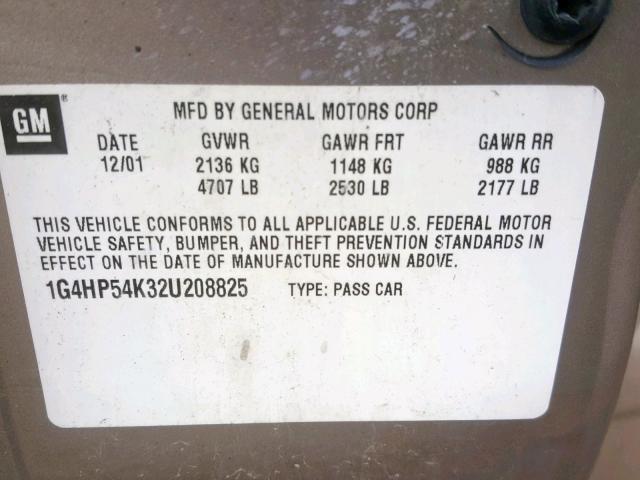 1G4HP54K32U208825 - 2002 BUICK LESABRE CU BEIGE photo 10