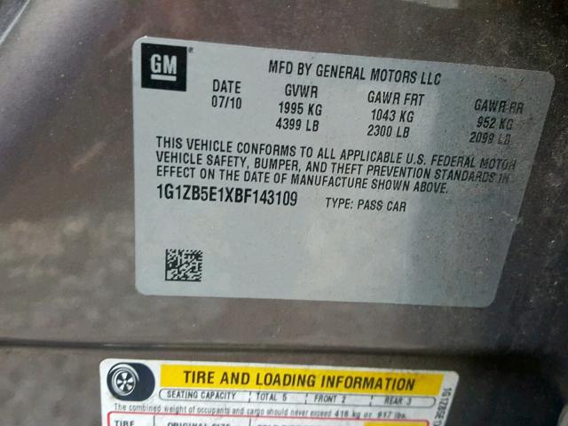 1G1ZB5E1XBF143109 - 2011 CHEVROLET MALIBU LS TAN photo 10