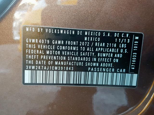 3VW2K7AJ1EM391843 - 2014 VOLKSWAGEN JETTA BASE BROWN photo 10