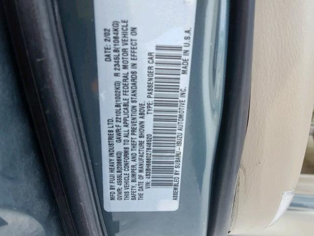 4S3BH686027646520 - 2002 SUBARU LEGACY OUT GREEN photo 10