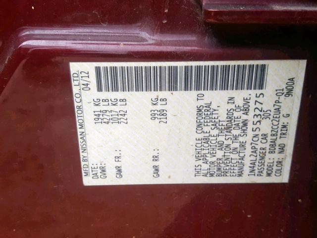 1N4AL2AP7CN553275 - 2012 NISSAN ALTIMA BAS MAROON photo 10