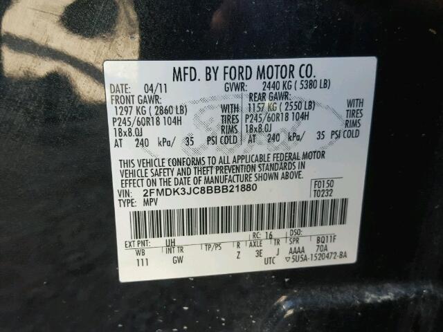 2FMDK3JC8BBB21880 - 2011 FORD EDGE SEL BLACK photo 10