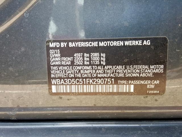 WBA3D5C51FK290751 - 2015 BMW 328 D GRAY photo 10