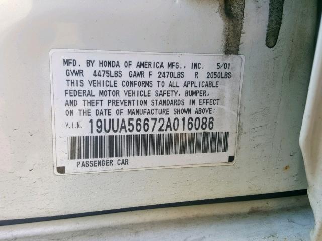 19UUA56672A016086 - 2002 ACURA 3.2TL WHITE photo 10