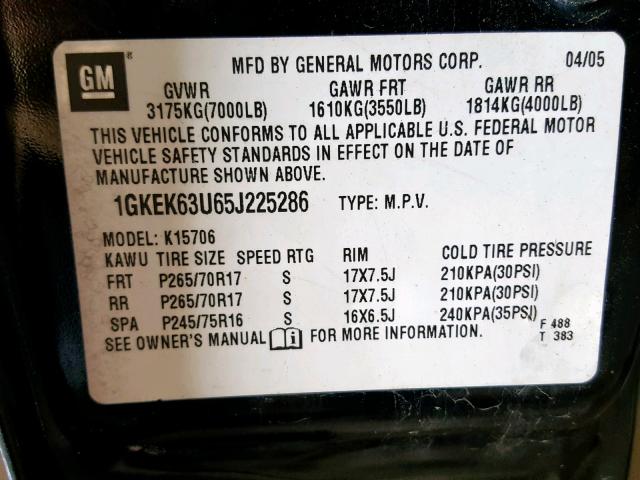 1GKEK63U65J225286 - 2005 GMC YUKON DENA BLACK photo 10