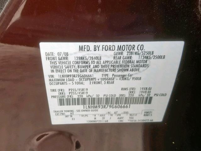 1LNHM93R79G606661 - 2009 LINCOLN MKS MAROON photo 10