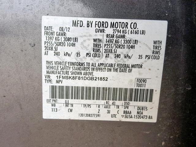 1FM5K8F81DGB21852 - 2013 FORD EXPLORER L GRAY photo 10