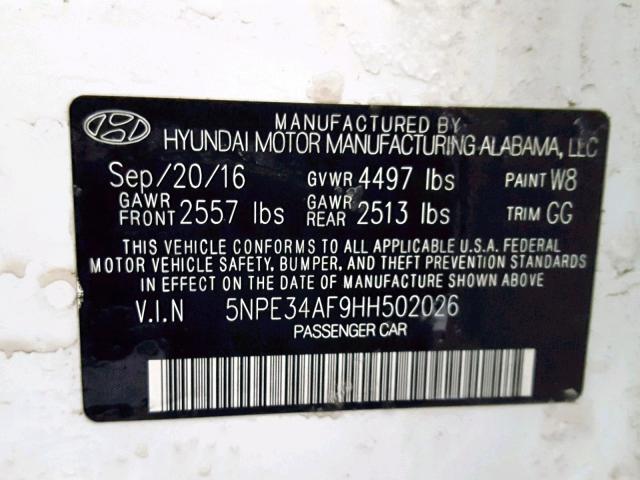 5NPE34AF9HH502026 - 2017 HYUNDAI SONATA SPO WHITE photo 10