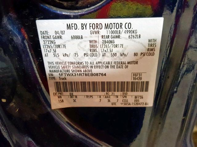 1FTWX31R78EB08764 - 2008 FORD F350 SRW S BLUE photo 10