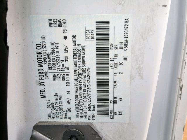 NM0LS7F73G1242979 - 2016 FORD TRANSIT CO WHITE photo 10