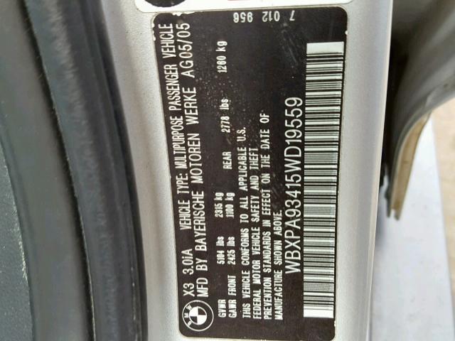 WBXPA93415WD19559 - 2005 BMW X3 3.0I SILVER photo 10