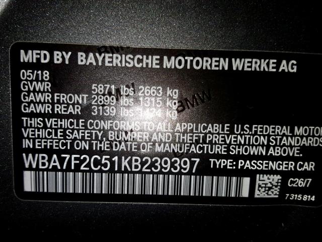 WBA7F2C51KB239397 - 2019 BMW ALPINA B7 GRAY photo 10