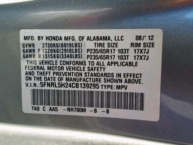 5FNRL5H24CB139295 - 2012 HONDA ODYSSEY LX SILVER photo 10