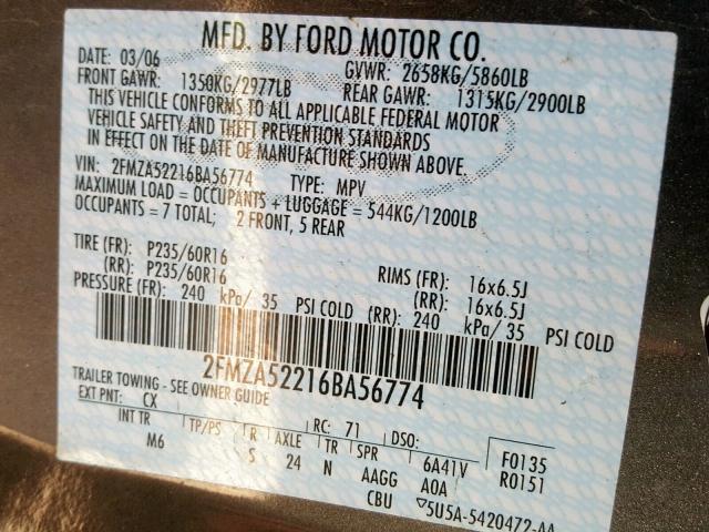 2FMZA52216BA56774 - 2006 FORD FREESTAR S GRAY photo 10