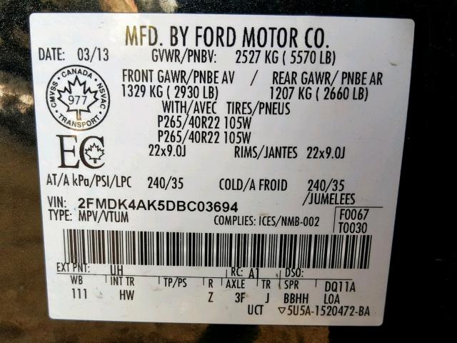 2FMDK4AK5DBC03694 - 2013 FORD EDGE SPORT BLACK photo 10