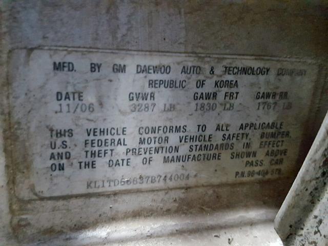 KL1TD66637B744004 - 2007 CHEVROLET AVEO BASE Күміс фото 10