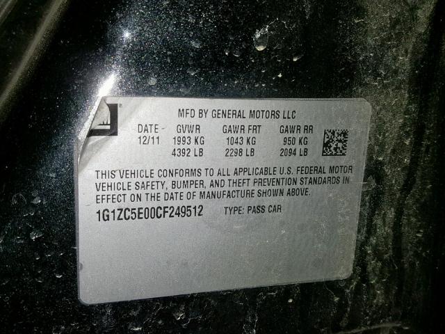 1G1ZC5E00CF249512 - 2012 CHEVROLET MALIBU 1LT შავი ფოტო 10