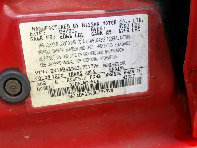 3N1AB51D33L727978 - 2003 NISSAN SENTRA SE- RED photo 10