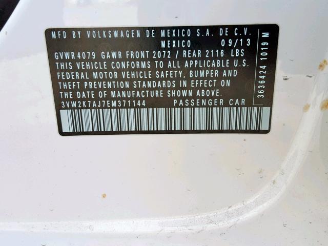 3VW2K7AJ7EM371144 - 2014 VOLKSWAGEN JETTA BASE 白色 照片 10