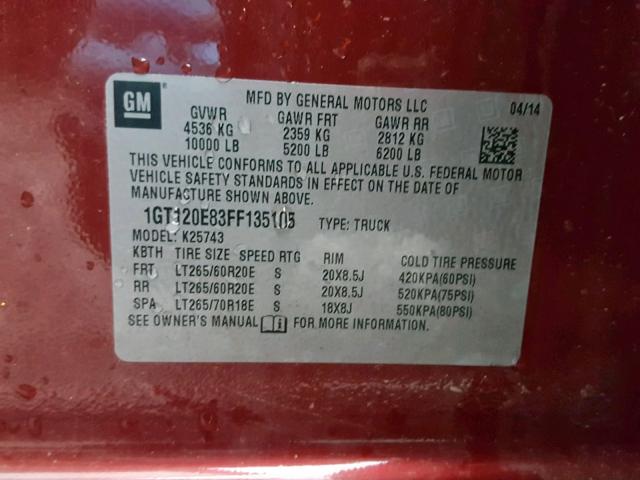 1GT120E83FF135105 - 2015 GMC SIERRA K25 BURGUNDY photo 10