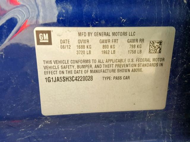 1G1JA5SH3C4220028 - 2012 CHEVROLET SONIC LS BLUE photo 10