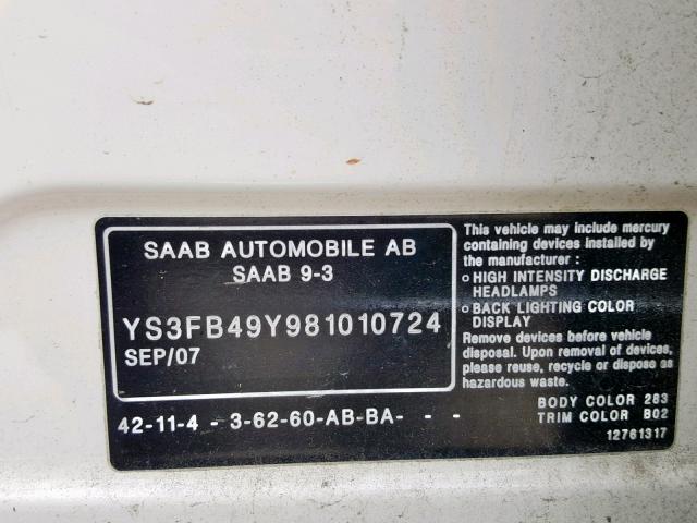 YS3FB49Y981010724 - 2008 SAAB 9-3 2.0T WHITE photo 10