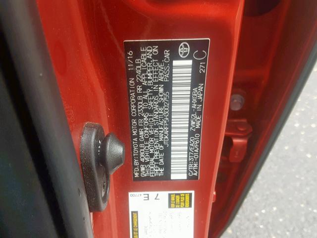 JTDKARFP5H3002755 - 2017 TOYOTA PRIUS PRIM RED photo 10