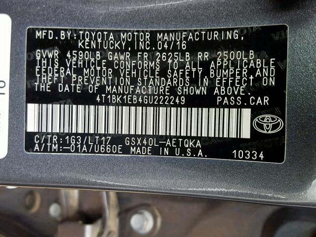 4T1BK1EB4GU222249 - 2016 TOYOTA AVALON XLE BURN photo 10