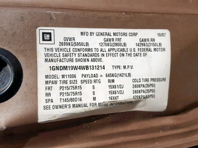 1GNDM19W4WB131214 - 1998 CHEVROLET ASTRO BEIGE photo 10