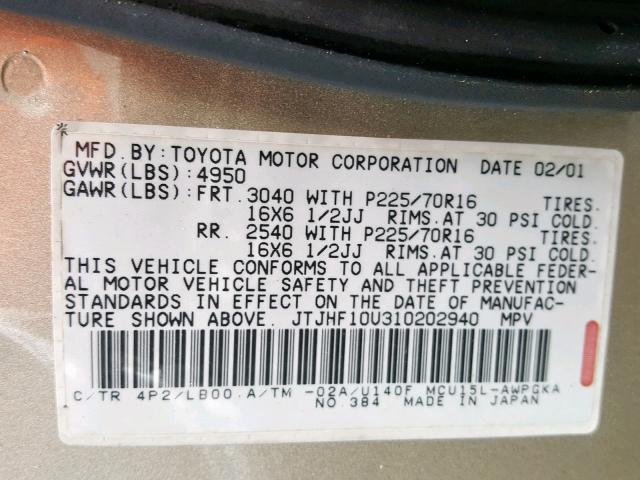 JTJHF10U310202940 - 2001 LEXUS RX 300 GOLD photo 10