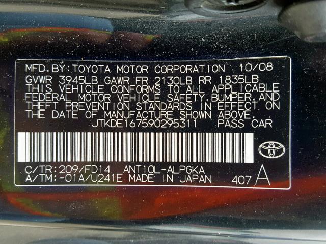 JTKDE167590295311 - 2009 TOYOTA SCION TC 黑色 照片 10
