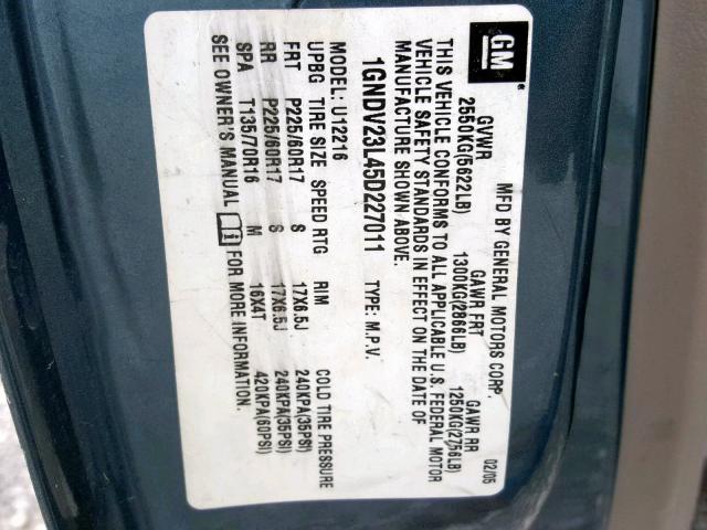 1GNDV23L45D227011 - 2005 CHEVROLET UPLANDER L 绿色 照片 10