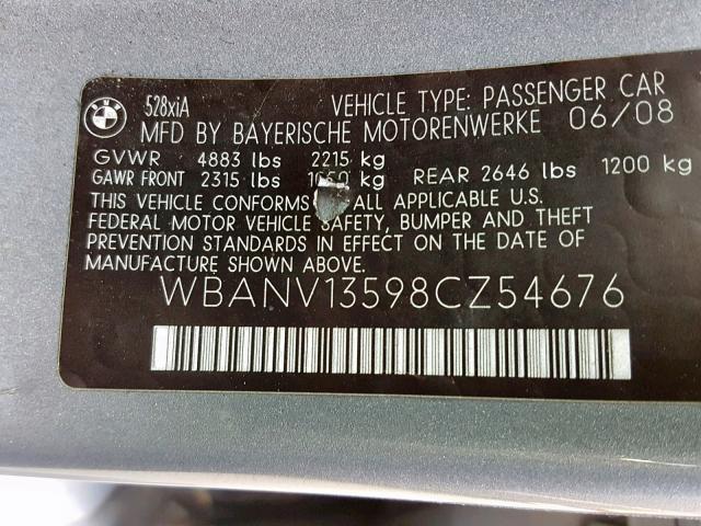 WBANV13598CZ54676 - 2008 BMW 528 XI GRAY photo 10