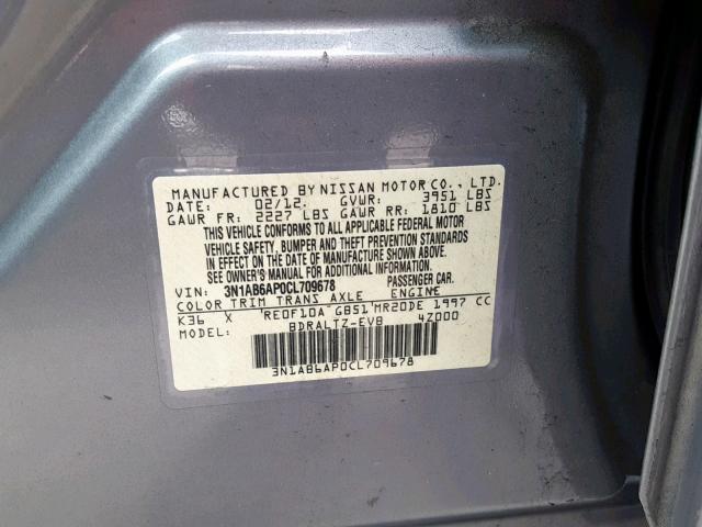 3N1AB6AP0CL709678 - 2012 NISSAN SENTRA 2.0 GRAY photo 10