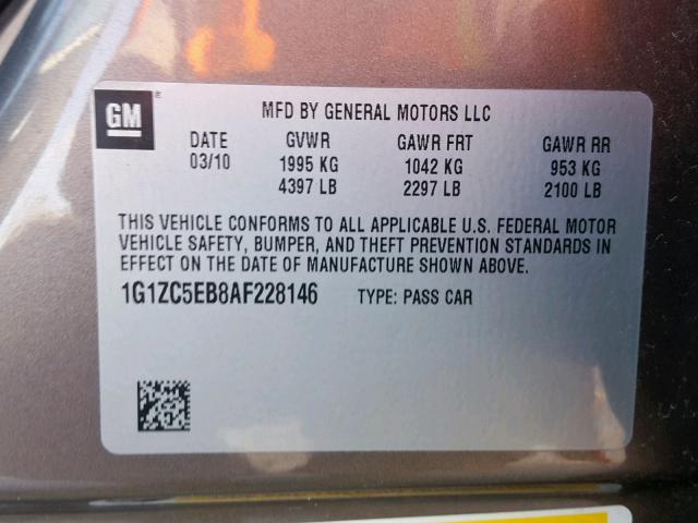 1G1ZC5EB8AF228146 - 2010 CHEVROLET MALIBU 1LT GRAY photo 10