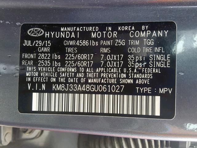 KM8J33A48GU061027 - 2016 HYUNDAI TUCSON LIM GRAY photo 10