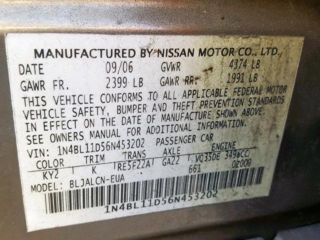 1N4BL11D56N453202 - 2006 NISSAN ALTIMA SE GOLD photo 10