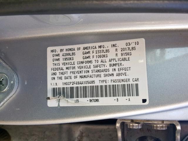 1HGCP2F49AA105485 - 2010 HONDA ACCORD LXP SILVER photo 10