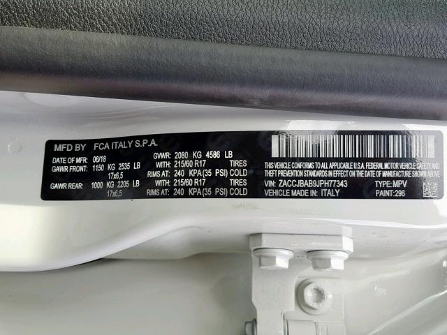 ZACCJBAB9JPH77343 - 2018 JEEP RENEGADE S თეთრი ფოტო 10