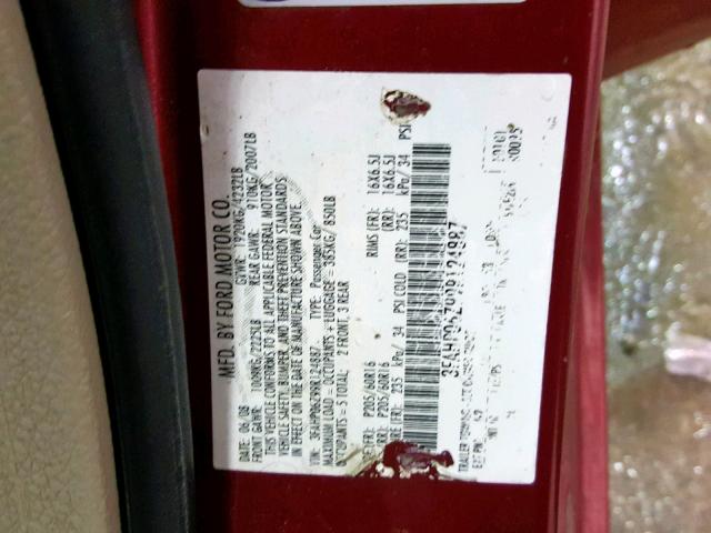 3FAHP06Z99R124887 - 2009 FORD FUSION S MAROON photo 10