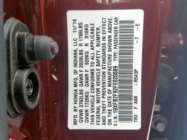 19XFB2F92FE020689 - 2015 HONDA CIVIC EXL MAROON photo 10