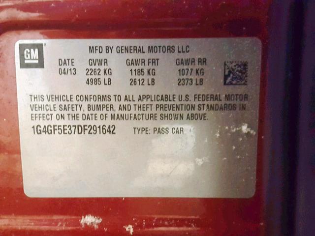 1G4GF5E37DF291642 - 2013 BUICK LACROSSE P RED photo 10