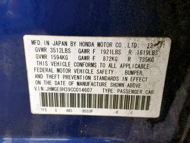 JHMGE8H39CC014607 - 2012 HONDA FIT BLUE photo 10