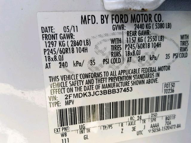 2FMDK3JC3BBB37453 - 2011 FORD EDGE SEL WHITE photo 10